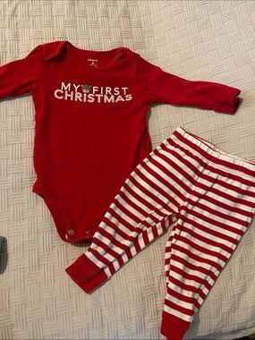 Carter's Red 'My First Christmas' Bodysuit with Striped Pants size 9 month